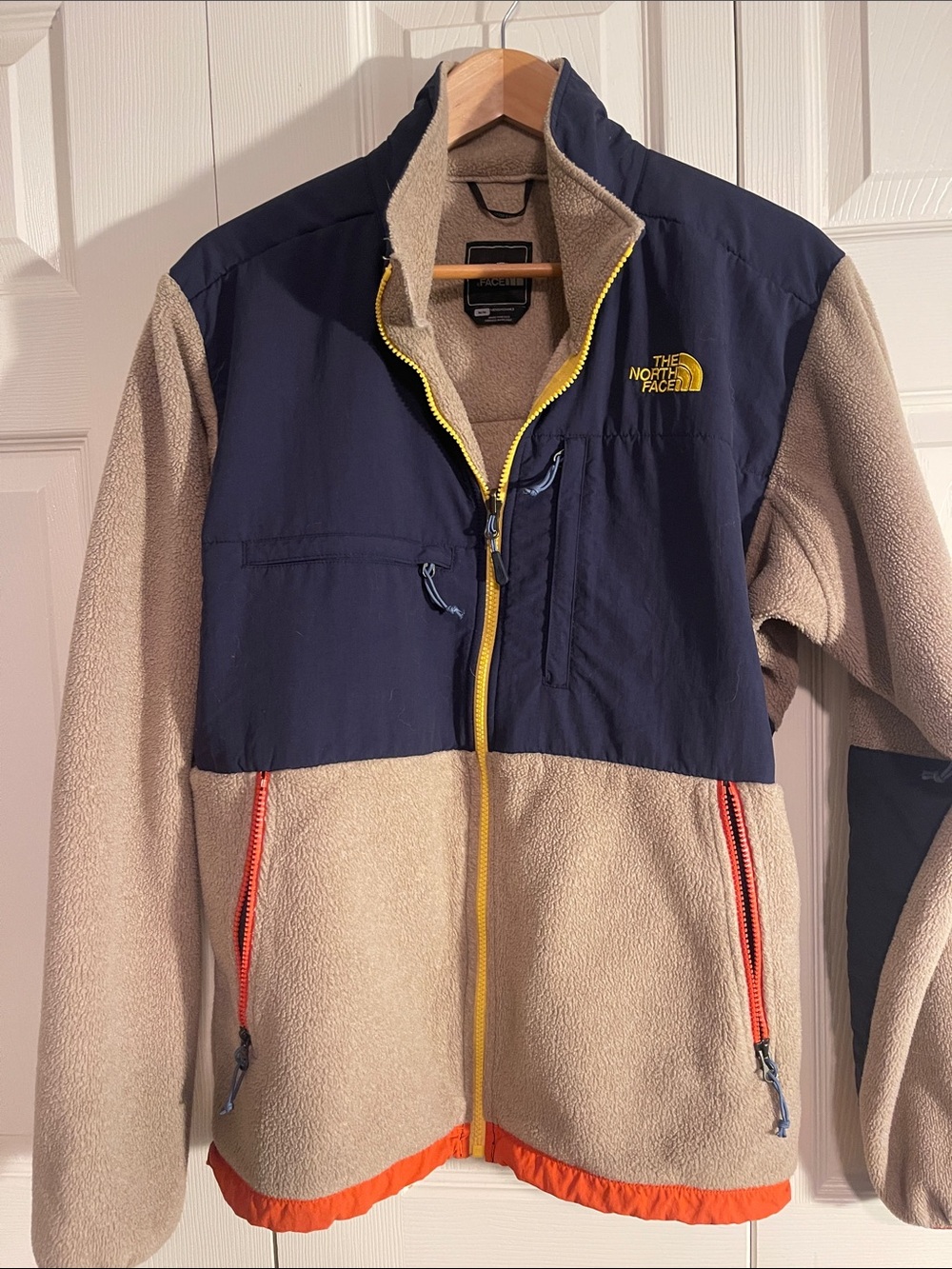 The North Face Beige and Navy Fleece Jacket with Yellow Trim